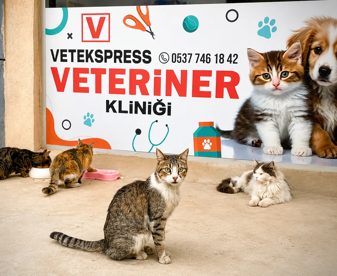 VetEkspress klinik önünde kediler