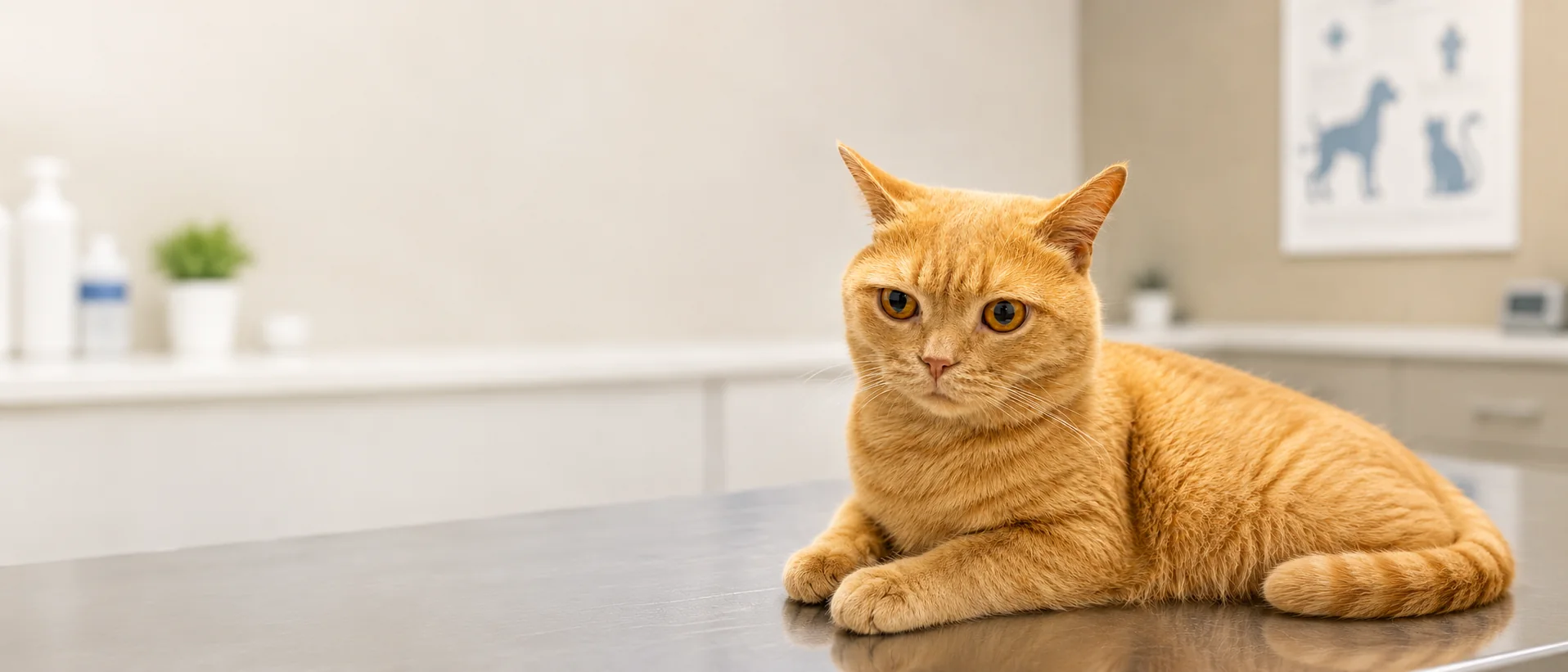 VetEkspress kliniğinde veteriner masasında sakin turuncu kedi