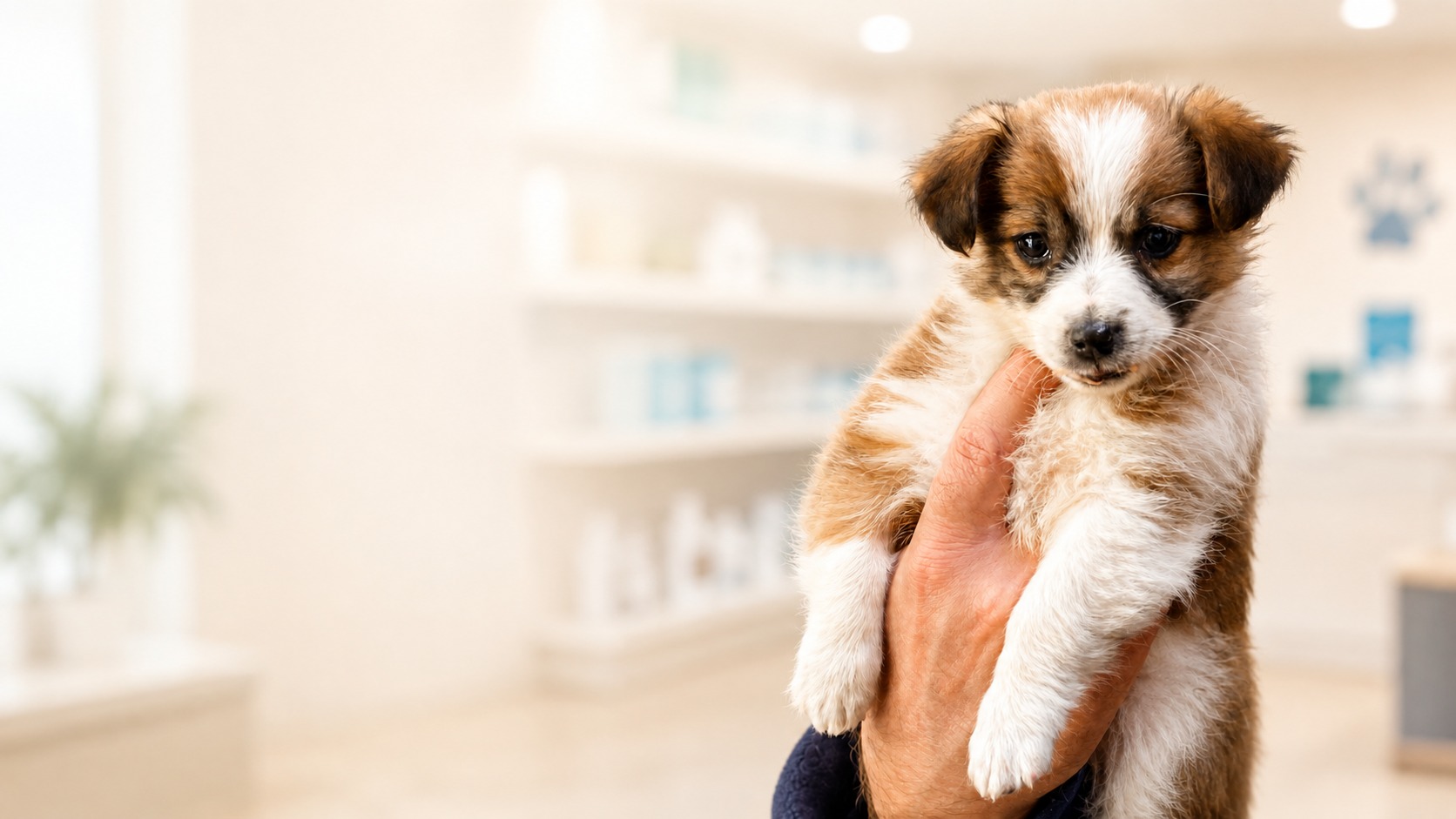 VetEkspress kliniğinde elde tutulan sevimli yavru köpek
