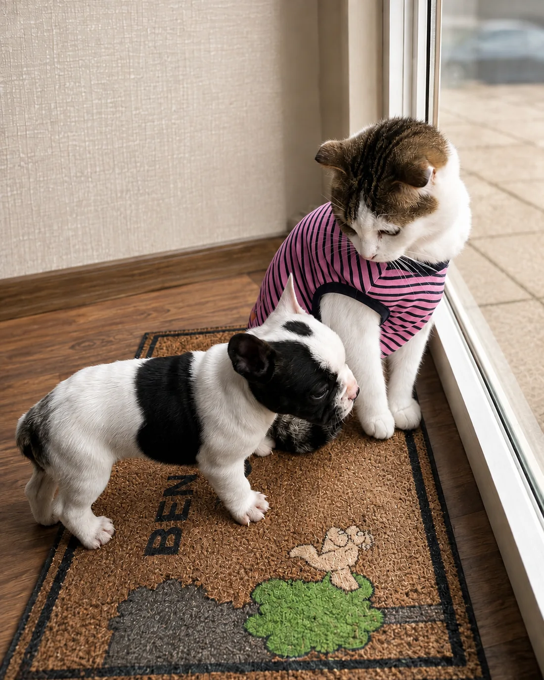 Pencere önünde kedi ve yavru köpek