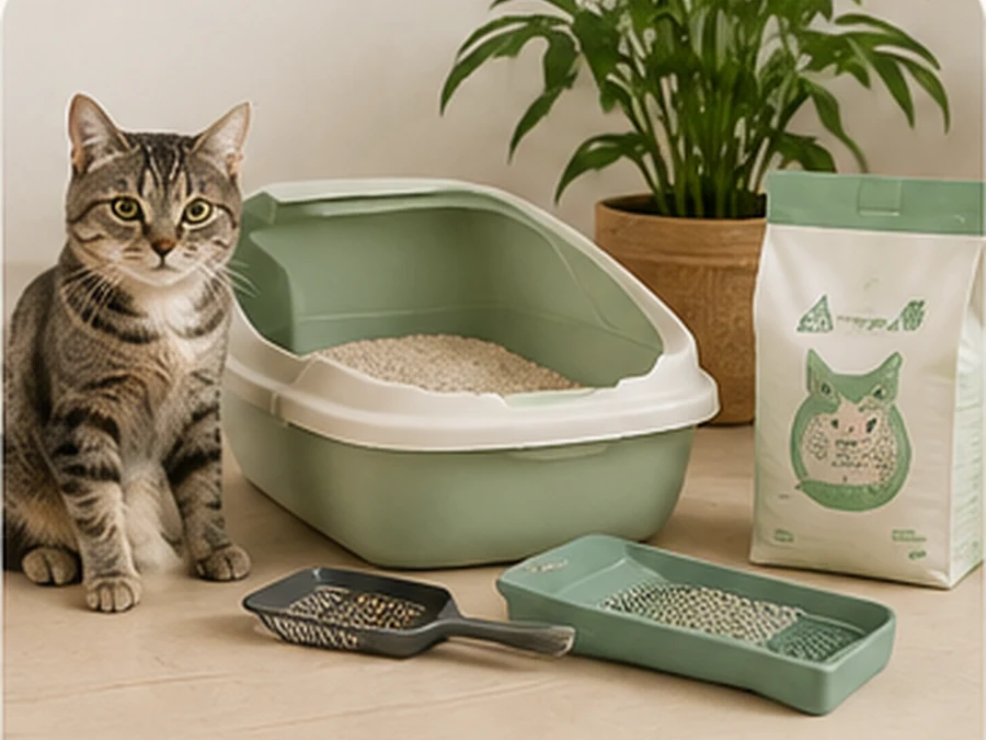 Kedi, kum kabı ve kedi kumu ürünlerinin bulunduğu hijyen sahnesi