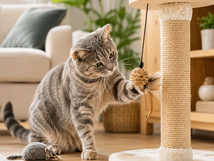 Tırmalama ve oyun ürünleriyle oynayan kedi